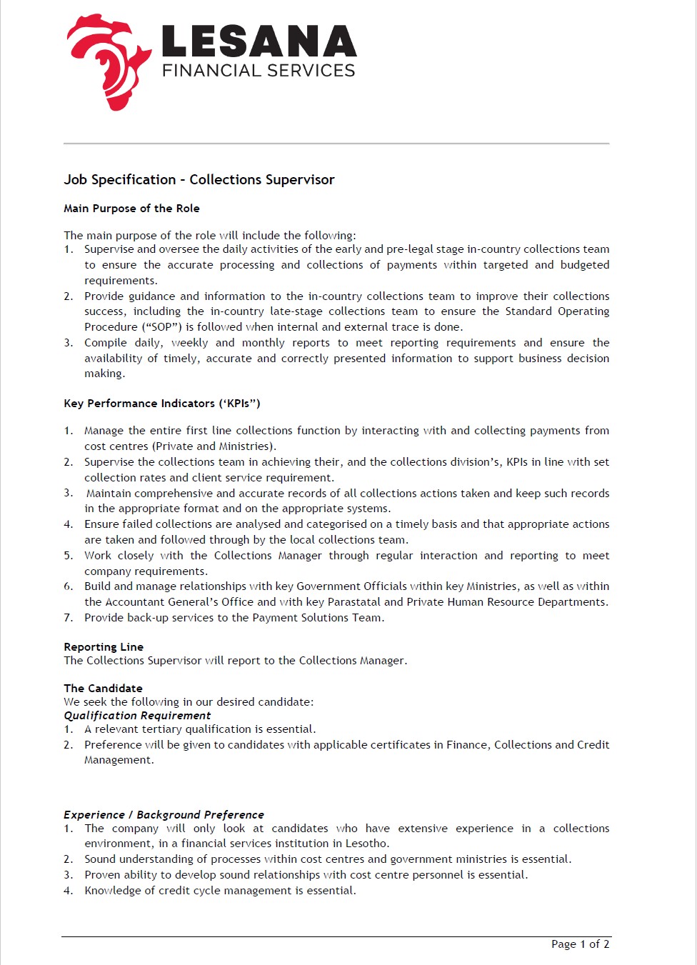 Collections supervisor_screenshot Lesana-Sales-Agents-Advert