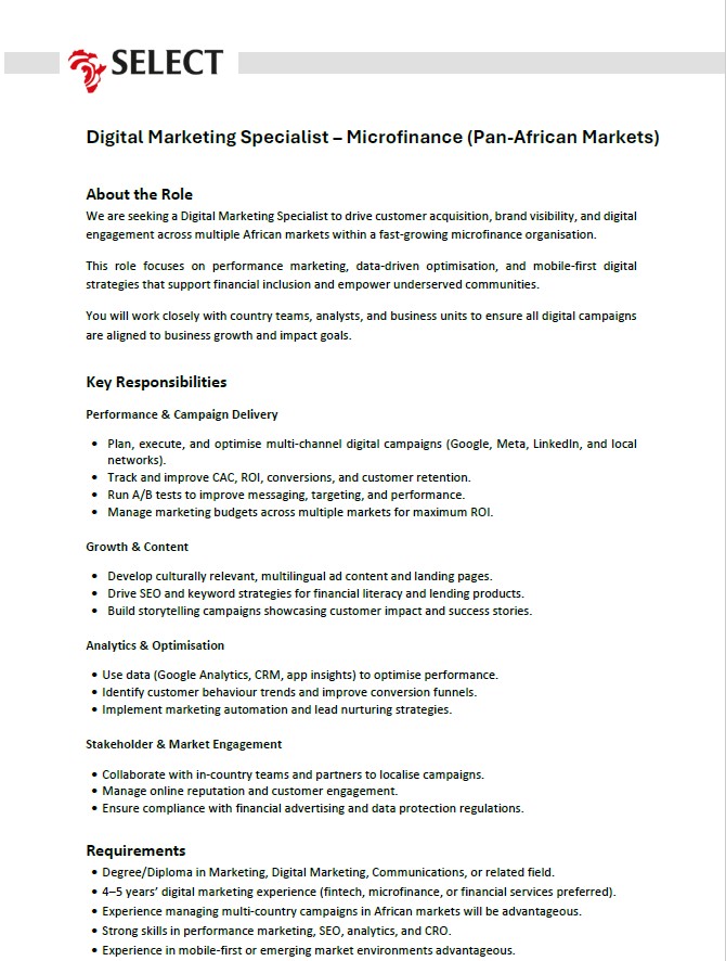 DIGITAL MARKETING SPECIALIST - MICRO FINANACE Select-Africa-Graphic-Designer-Website