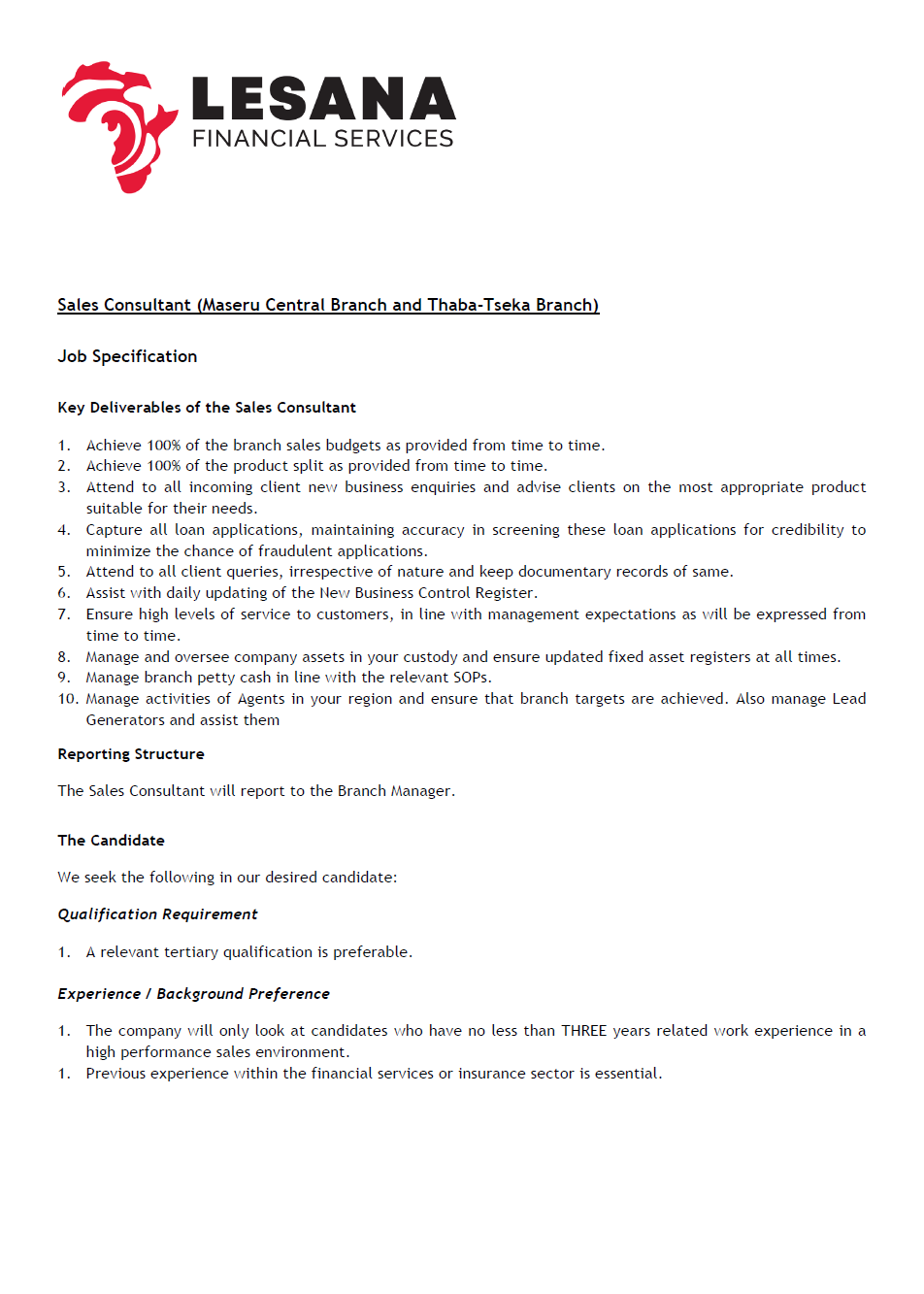 SALES CONSULTANT Lesana-Sales-Agents-Advert