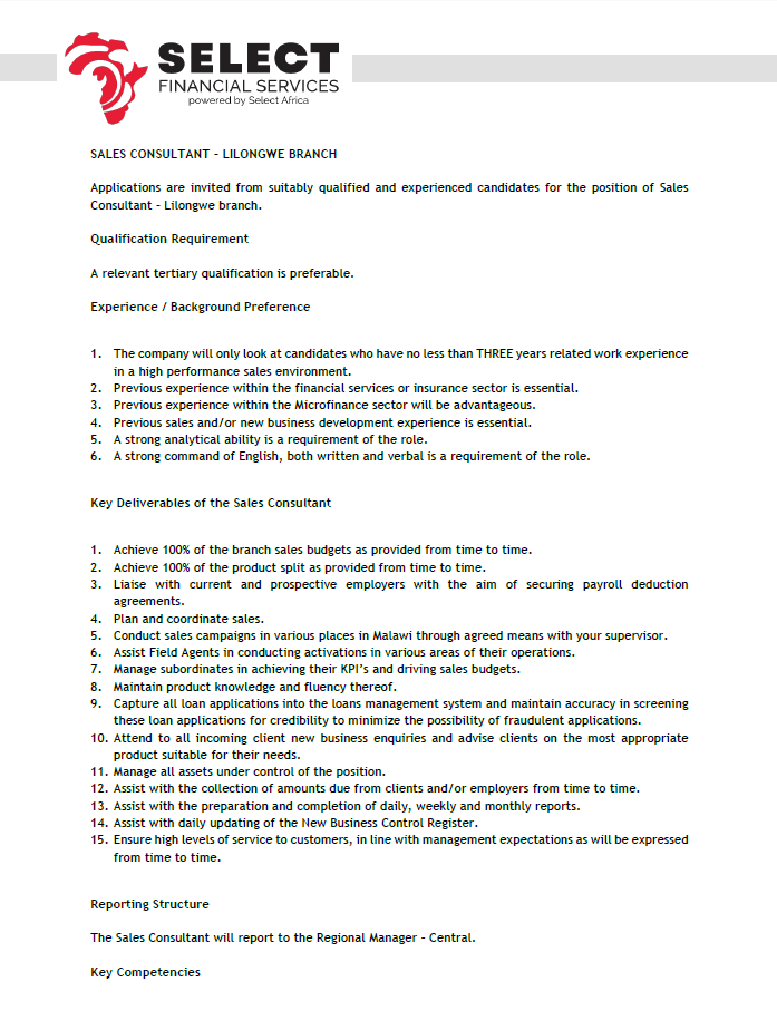 Sales consultant_lilongwe Malawi-Job-Specification